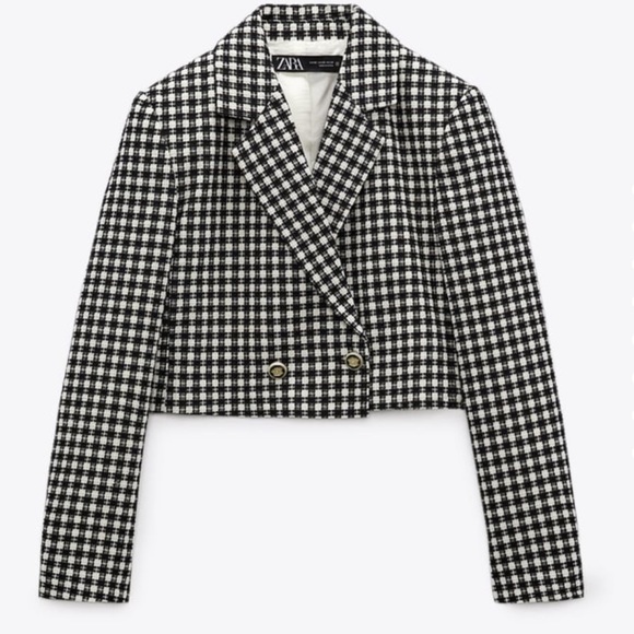 NWT Zara Textured Tweed Plaid Black White Cropped Blazer